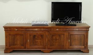 Credenza bassa porta Tv da soggiorno realizzata in stile classico con legno di noce e intarsio in ulivo